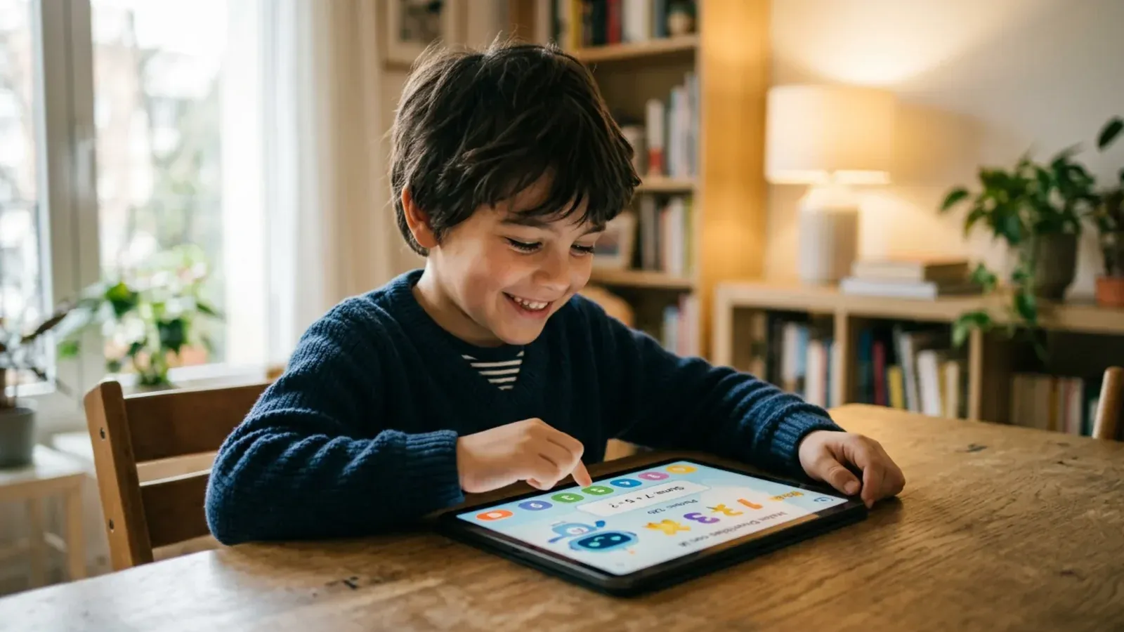 Niño usando una tablet con IA educativa para aprender matemáticas, junto a su padre